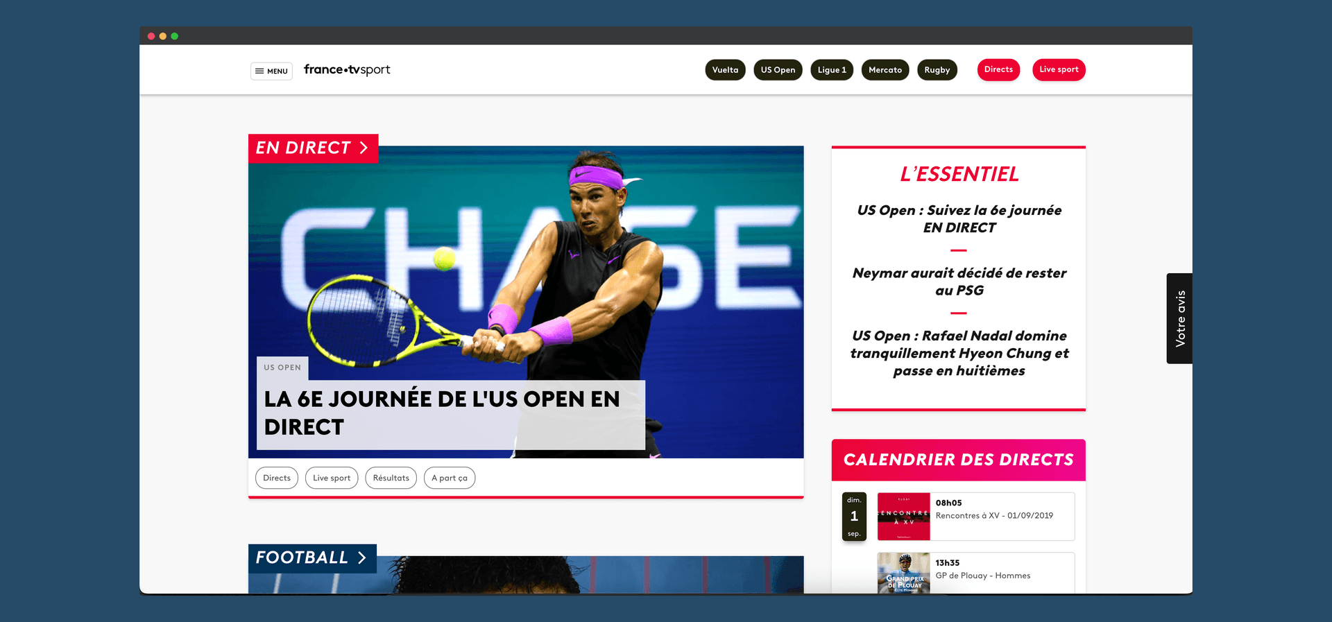 Homepage of France tv sport website